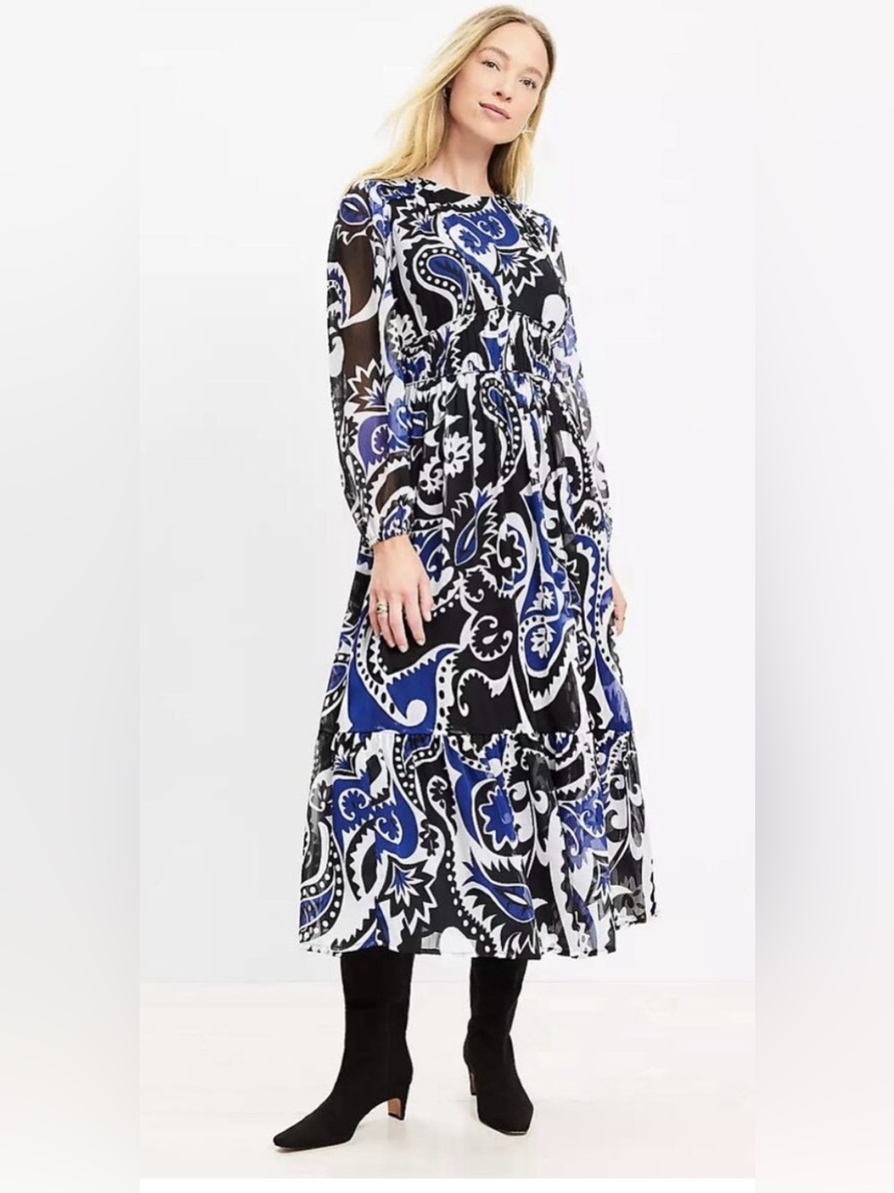 LOFT Blue and Black Printed Long Sleeve Midi Dress
